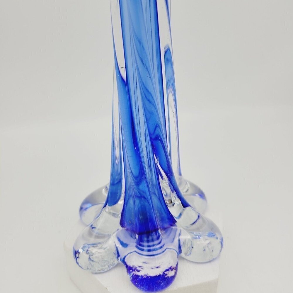 Vintage Cobalt Blue Encased Twisted Blue Art Glass Vase Elephant Foot Base 11.5" - Picture 4 of 7